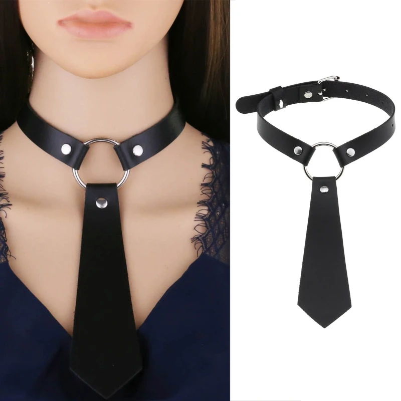 Frauen Dark Gothic Imitation Leder Schwarz Krawatte Punk O-Ring Verzierte Halsband Halskette Vintage Persönlichkeit Cosplay Pre-gebunden DXAA Image