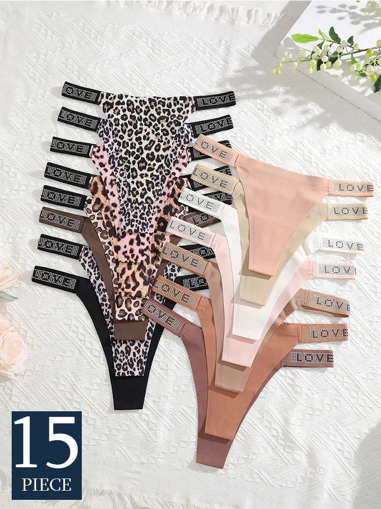 FINETOO 15 Stücke Glänzende Diamant Sexy Tangas Dame Eis Seide Nahtlose Höschen Damen Leopard G-String Sexy Dessous Niedrige Taille Unterhose Image