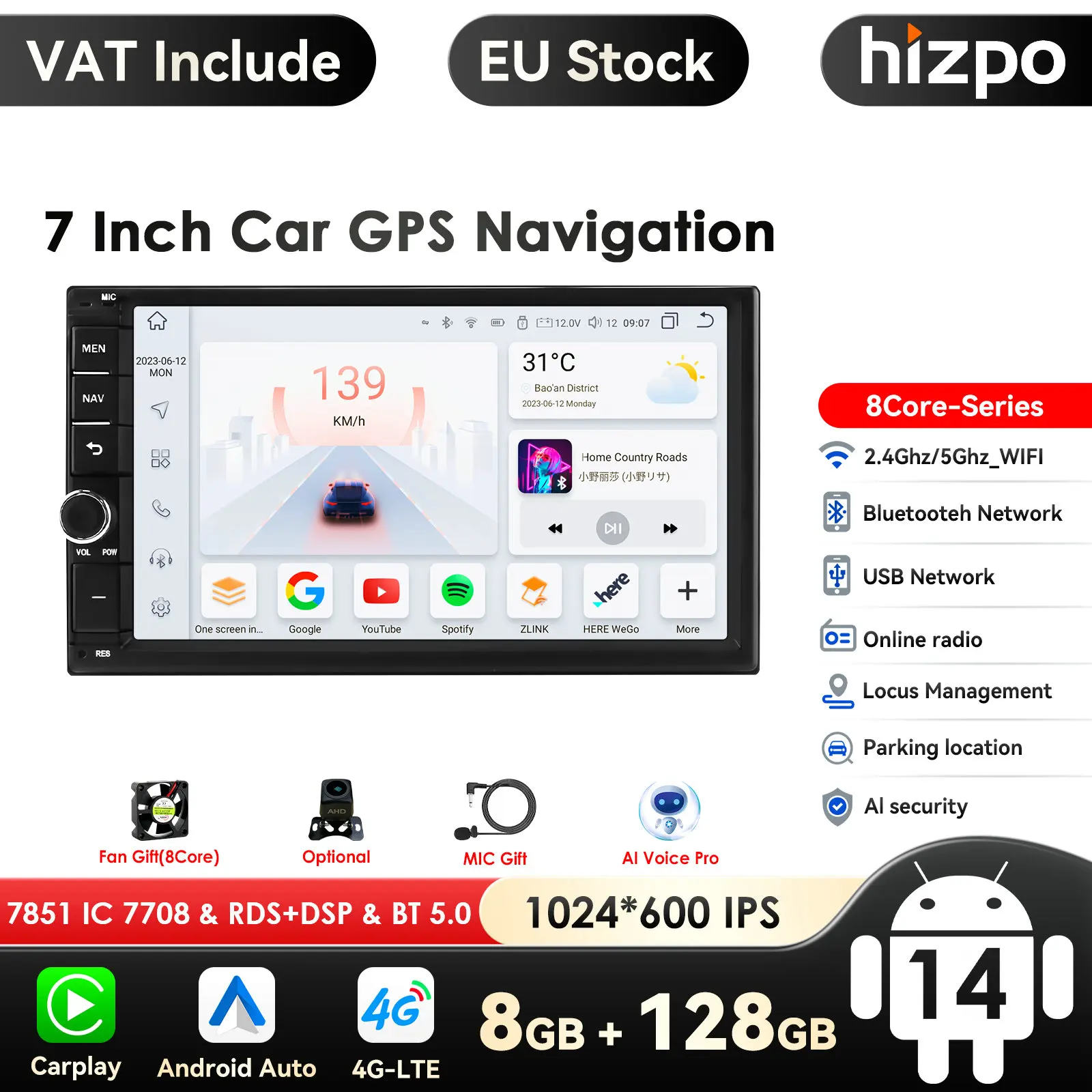 8g 128g 7 Zoll Autoradio Carplay 2 Din Android Auto Autoradio GPS für universelle Stereo-Multimedia-Player Navigation Head Unit RDS Image