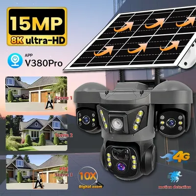 15MP 4G IP Solar Kamera 10xZoom Triple Objektiv Outdoor PTZ Sicherheit Kamera Auto Tracking Smart Sicherheit Schutz CCTV Cam V380PRO