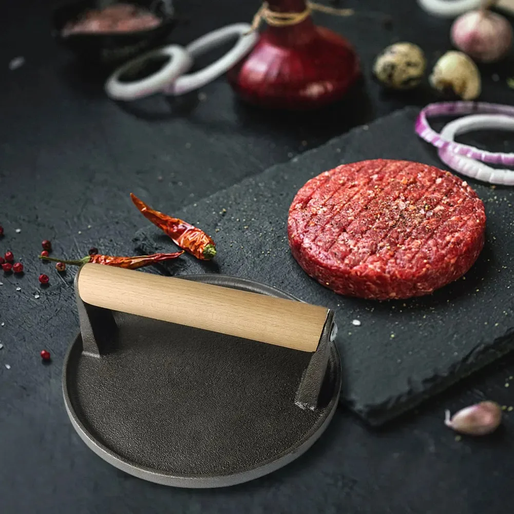 Küche Schwere Fleischpresse Bratpfanne Gusseisen Burger Werkzeug Outdoor Antihaft Runde Hand Fleisch Burgerpresse mit Holzgriff Image