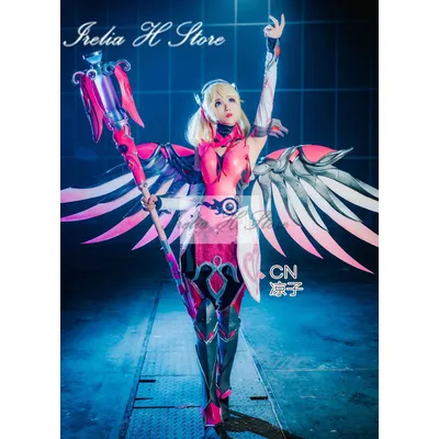 Angela Ziegler OW Pink Mercy Cosplay Kostüm für Frauen Halloween Party Kleid Flügel Schuhe Maßgeschneidert Image