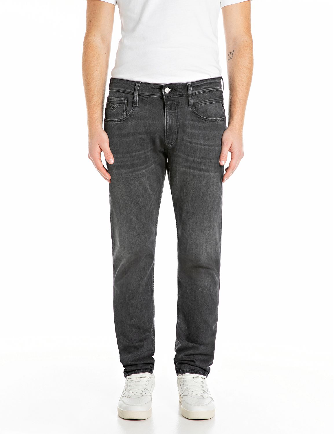 Slim-fit-Jeans REPLAY "Anbass", Damen, Gr. 34, Länge 36, grau (dunkelgrau), Denim/Jeans, Obermaterial: 99% Baumwolle, 1% Elasthan, slim fit normal, Jeans Slim-fit-Jeans
