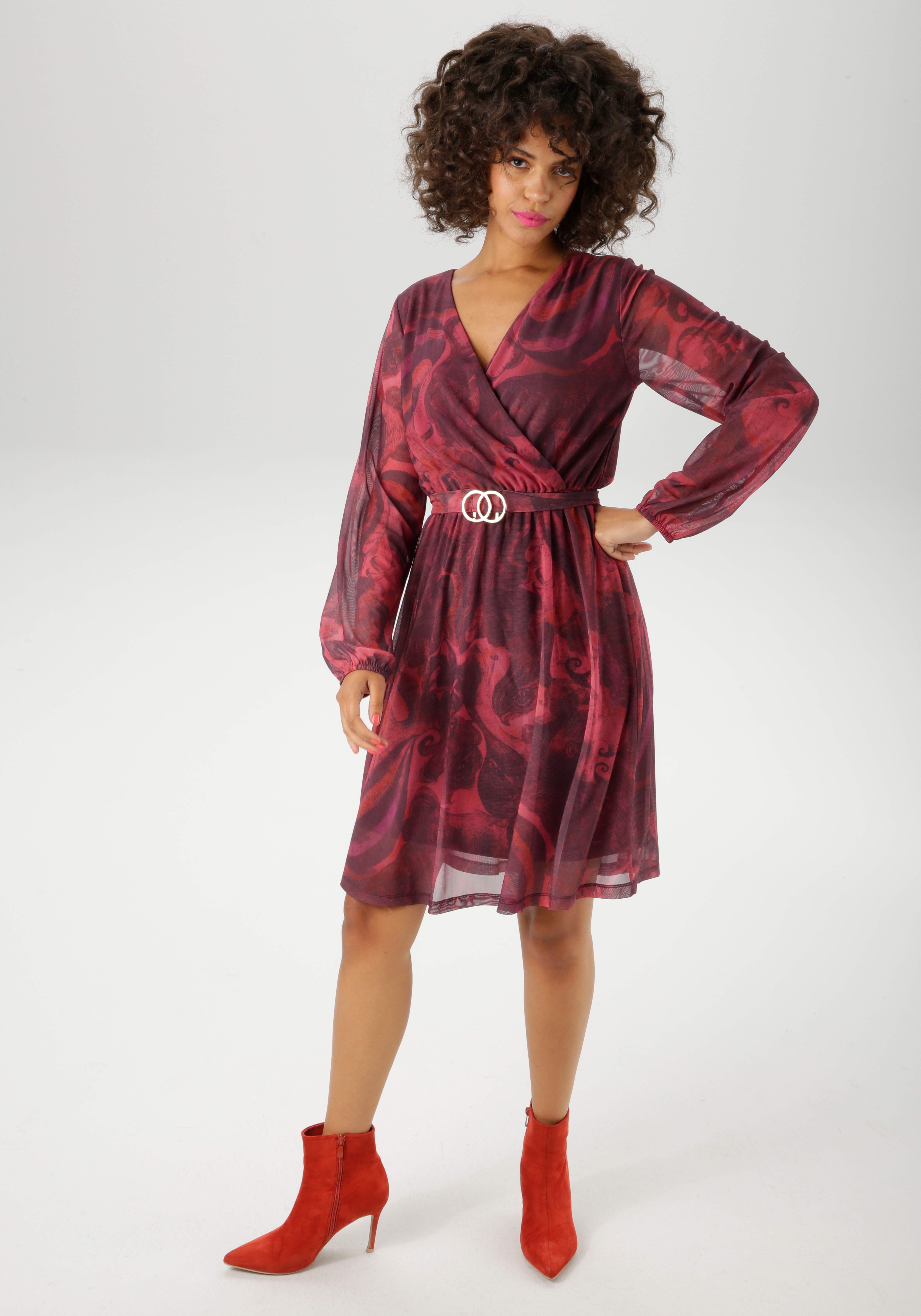 Blusenkleid ANISTON CASUAL, Damen, Gr. 38, N-Gr, rot (bordeaux, rot, orange, fuchsia, schwarz), Mesh, Obermaterial: 95% Polyester, 5% Elasthan. Futter: 100% Polyester, bedruckt, gemustert, figurumspielend kniefrei, V-Ausschnitt, elastischer Bund mit...