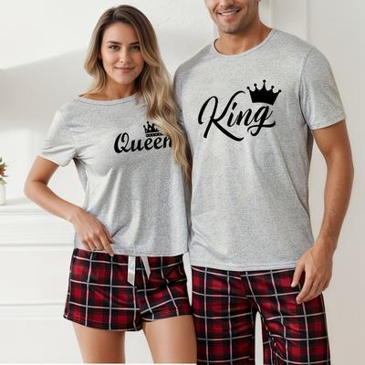 TEMU Valentine's Day Couple's Outfit For Men And Women, Featuring A Crown Letter Print Short-sleeve And Shorts Set. Image