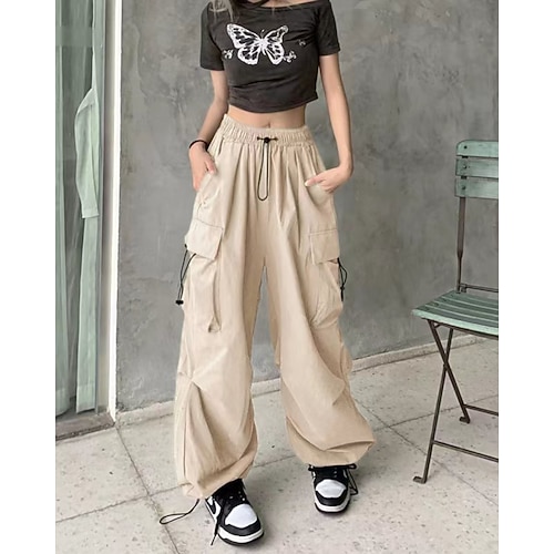 Damen Cargo-Hosen Stoffhosen Streetwear Lässig Volle Länge Natürliche Taille Einfach Tasche Elastisches Kordelzugdesign Bequem Außenbereich Outdoor Straße Magenta Wein Aprikose Grau Herbst Normale Image