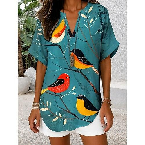Damen Bluse V-Ausschnitt Grafik Tierisch Täglich Stylisch Lässig Kurzarm Reguläre Tops Täglich Urlaub Grün Blau Salbeigrün Blau Staubiges Blau Sommer Frühling