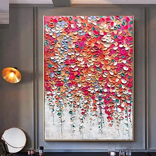 Mintura handgefertigte 3D-Ölgemälde mit abstrakten roten Blumen auf Leinwand, moderne Wandkunst, Raumdekoration, Strukturbild für die Inneneinrichtung, gerolltes, rahmenloses, ungedehntes Gemälde Image