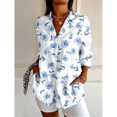 Damen Hemd Leinenähnlich Atmungsaktiv Leicht Knopfverschluß Tunika Hemd Kragen Lange Ärmel Floral Vintage Täglich Stilvoll Tägliche Urlaub Ferienbekleidung Druck Weiß Hellgrün Hellbraun Blau Khaki Image