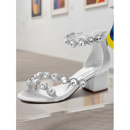 Damensandalen mit blauem Satin-Blockabsatz – mit Strass verzierte Abendschuhe mit Knöchelriemen für formelle Bankette und Cocktailpartys Image