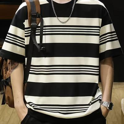 TEMU Men's Summer Striped Short-sleeve T-shirt - Relaxed Fit, Crew Neck, Casual Polyester Tee With Machine Washable - Black & White Image