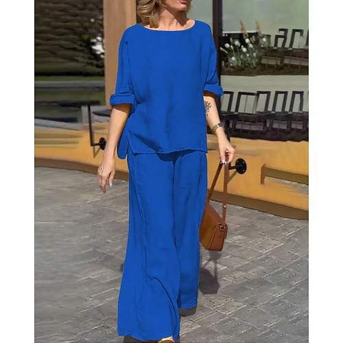 Damen Bluse Hosen-Sets Kunstbaumwollleinen Dreiviertelarm Rundhalsausschnitt Einfarbig Seitenschlitz Aktiv Mode Täglich Ferien Blau Gelb Grün Sommer Normale Passform Image