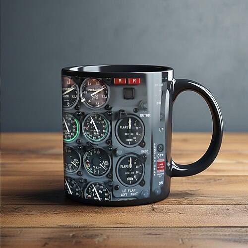 Tasse mit Instrumententafel im Cockpit eines Raumschiffs, 330 ml/12 oz schwarze Kaffeetasse aus Keramik, kreative Geschenktasse für Luft- und Raumfahrtpiloten für Flugbegeisterte, Ingenieure, Image