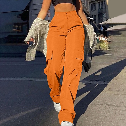 Damen Cargo-Hosen Hosen Hose Mode Streetwear Volle Länge Natürliche Taille Einfarbig Tasche Bequem Mikroelastisch Sport Outdoor Alltagskleidung Weiß Gelb Rosa Orange Sommer Frühling Normale Passform Image