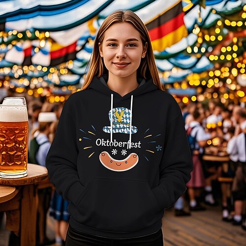 Kapuzensweatshirt Druck Lässig Bayerisch Bischofsärmel Fronttasche Grafik für Damen Erwachsene Heißprägen für Karneval Oktoberfestbier Urlaub Party Image