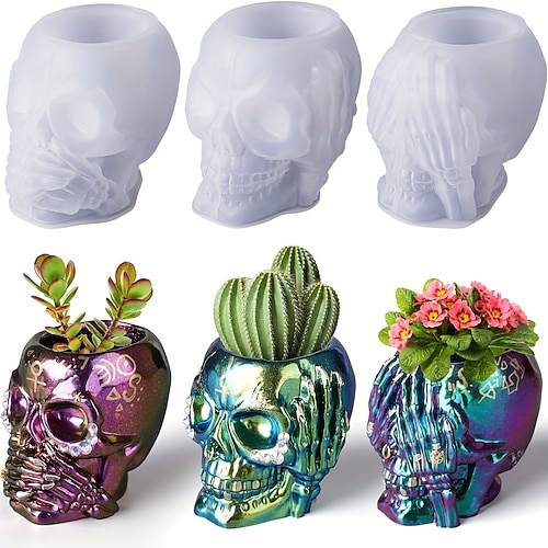 3 Stück Dtoho Totenkopf-Silikonformen aus Harz mit einzigartigem Auge und Ohr Munddesigns – perfekt für DIY-Bastelarbeiten Wohndekor langlebiges Silikonmaterial vielseitig einsetzbar für Sukkulenten Image
