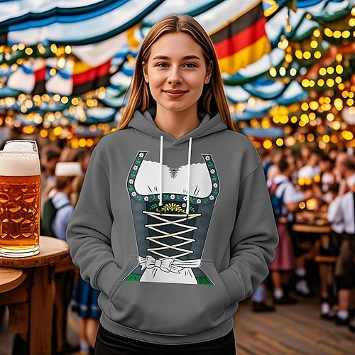 Kapuzensweatshirt Druck Lässig Bayerisch Bischofsärmel Fronttasche Grafik für Damen Erwachsene 3D-Druck für Karneval Oktoberfestbier Urlaub Party Image