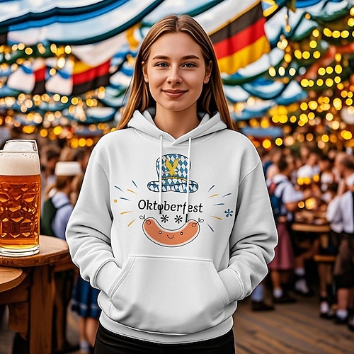 Kapuzensweatshirt Druck Lässig Bayerisch Bischofsärmel Fronttasche Grafik für Damen Erwachsene Heißprägen für Karneval Oktoberfestbier Urlaub Party Image