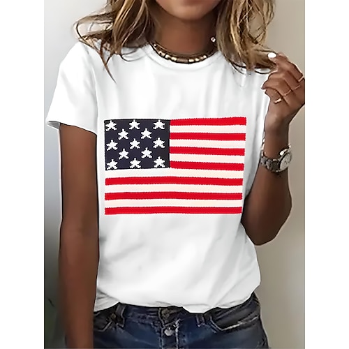 Unabhängigkeitstag patriotisches Shirt Damen T-Shirt Grafik Flagge Nationalflagge Vintage stilvoll klassisch Kurzarm Crewneck Rundhals Alltag Druck Schwarz Weiß Pink Blau Lila Sommer Frühling Image