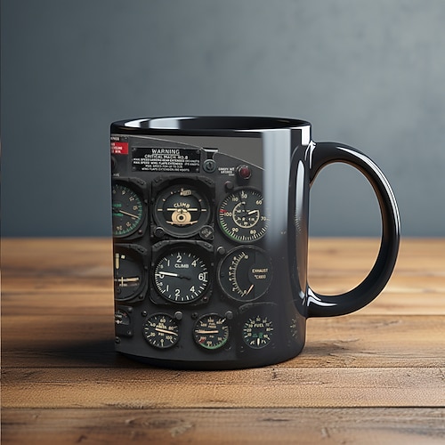 Tasse mit Instrumententafel im Cockpit eines Raumschiffs, 330 ml/12 oz schwarze Kaffeetasse aus Keramik, kreative Geschenktasse für Luft- und Raumfahrtpiloten für Flugbegeisterte, Ingenieure, Image