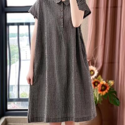 TEMU Plus Size Elegant Dress With Lapel Collar And Tie Buttons - Knee-length, Half-, Button Detail, Short Sleeve, Spring/summer Wear, Plus Size Dress Image