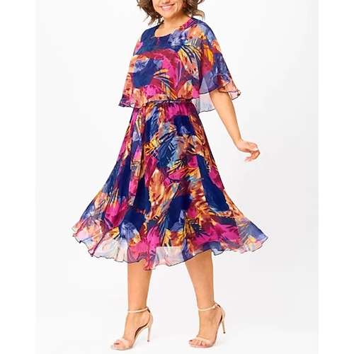Damen Langes Kleid Maxikleid Freizeitkleid Cocktailkleid Kleid für Hochzeitsgäste Chiffonkleid Elegant Mode Outdoor Ferien Date Normale Passform Blume Kurzarm Rundhalsausschnitt Wein Sommer