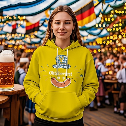 Kapuzensweatshirt Druck Lässig Bayerisch Bischofsärmel Fronttasche Grafik für Damen Erwachsene Heißprägen für Karneval Oktoberfestbier Urlaub Party Image
