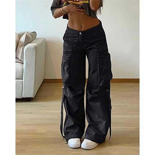 Damen Cargo-Hosen Hosen Hose Mode Streetwear Volle Länge Natürliche Taille Einfarbig Tasche Bequem Mikroelastisch Sport Outdoor Alltagskleidung Schwarz Armeegrün Aprikose Frühling Herbst Normale Image