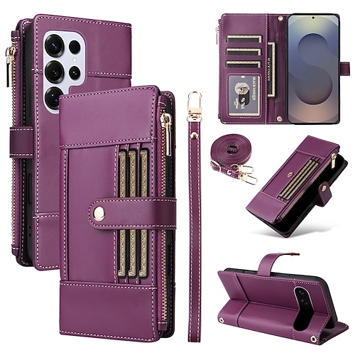 Handy Hülle Handyhüllen Für Samsung Galaxy S25 S25 Edge S24 S24 FE S23 Ultra Plus S22 Plus Ultra Brieftaschenhülle Mit Ständer Reisverschluss Vollschutz Retro TPU PU-Leder Image