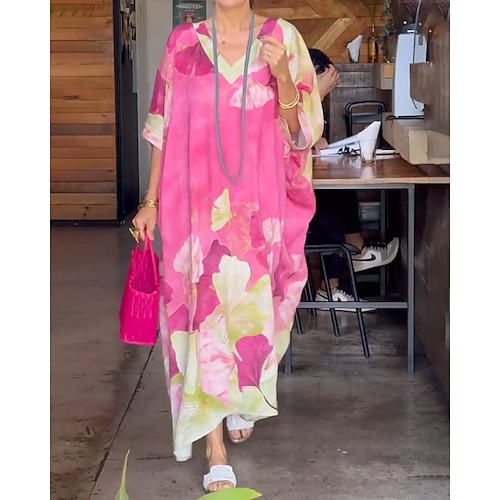 Damen Langes Kleid Maxikleid Blumenkleid Druckkleid Klassisch Modern Täglich Outdoor Urlaub Normale Passform Blume Dreiviertelarm V Ausschnitt Blau Rosa Orange Sommer Image