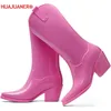2023 Onkogene Frühjahr Neue Frauen Regen Schwarz Rosa Cowboy Stiefel Gummi Stiefel Für Frauen Chunky Mid Heel Regen Schuhe
