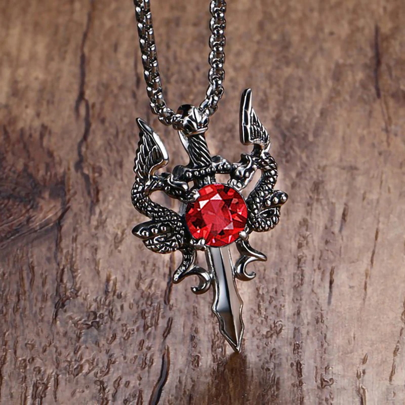 Doppel Drache Rot Stein Schwert Kreuz Anhänger Halskette Für Männer INS Vintage Edelstahl Hals Kette Coole Hip Hop Schmuck Geschenke