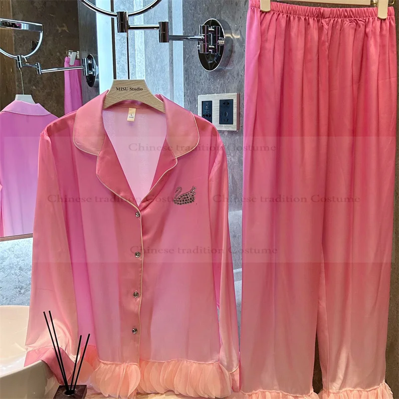 Rosa Elegante Pyjamas Rüschen Saum Hemd Hosen Frauen Weiche Satin Nachtwäsche Sommer Herbst Loungewear Nachtwäsche 2Pcs Nachthemd Image