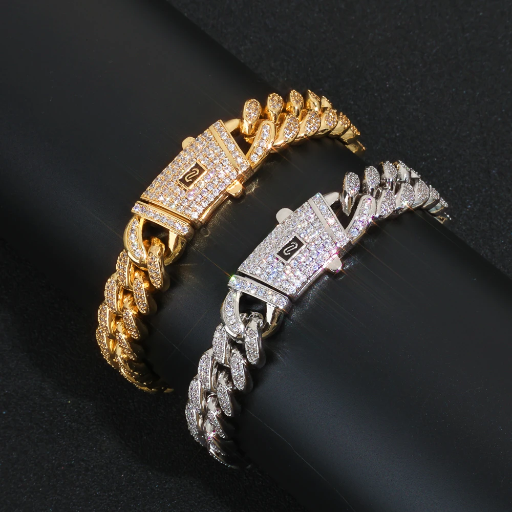 ESKEEM 12 mm Voll-Eisdiamant-Monaco-Armband, 18 Karat vergoldet, Miami, zwei Reihen, Zirkonia, kubanische Gliederkette, Hip-Hop-Schmuck für Herren Image