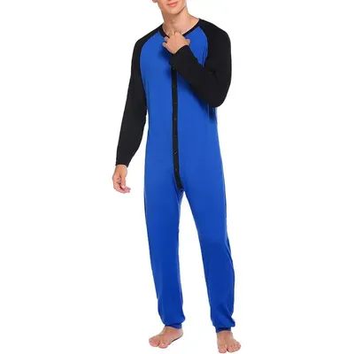 2025Nachtwäsche Langarm Colorblock Patchwork Einteiliger Pyjama Casual Homewear Nachthemd Männer Button Up Overall Nachtwäsche Image