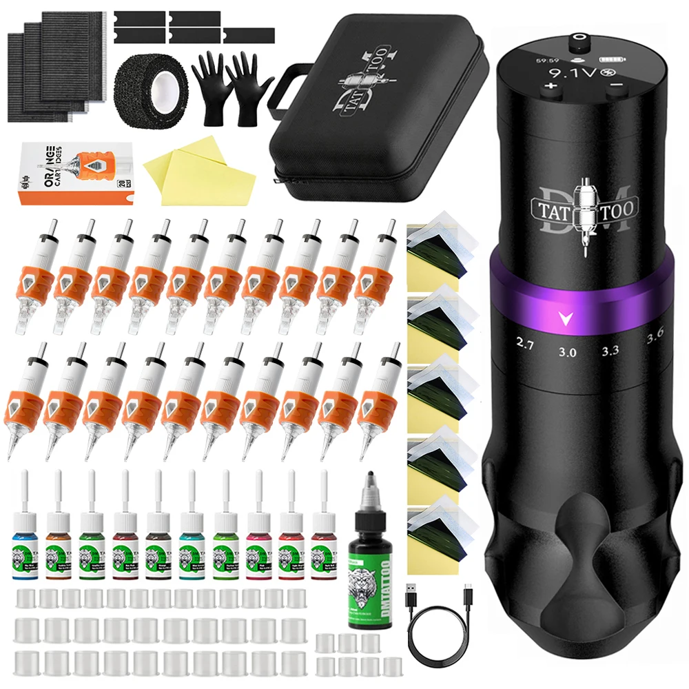 DM Gorilla Wireless Tattoo Kit, einstellbarer Hub, 2,4–4,2 mm, Tattoo-Maschine, 1500 mAh, leistungsstarker, geräuscharmer Motor, orangefarbener Nadel-Tintenbecher Image