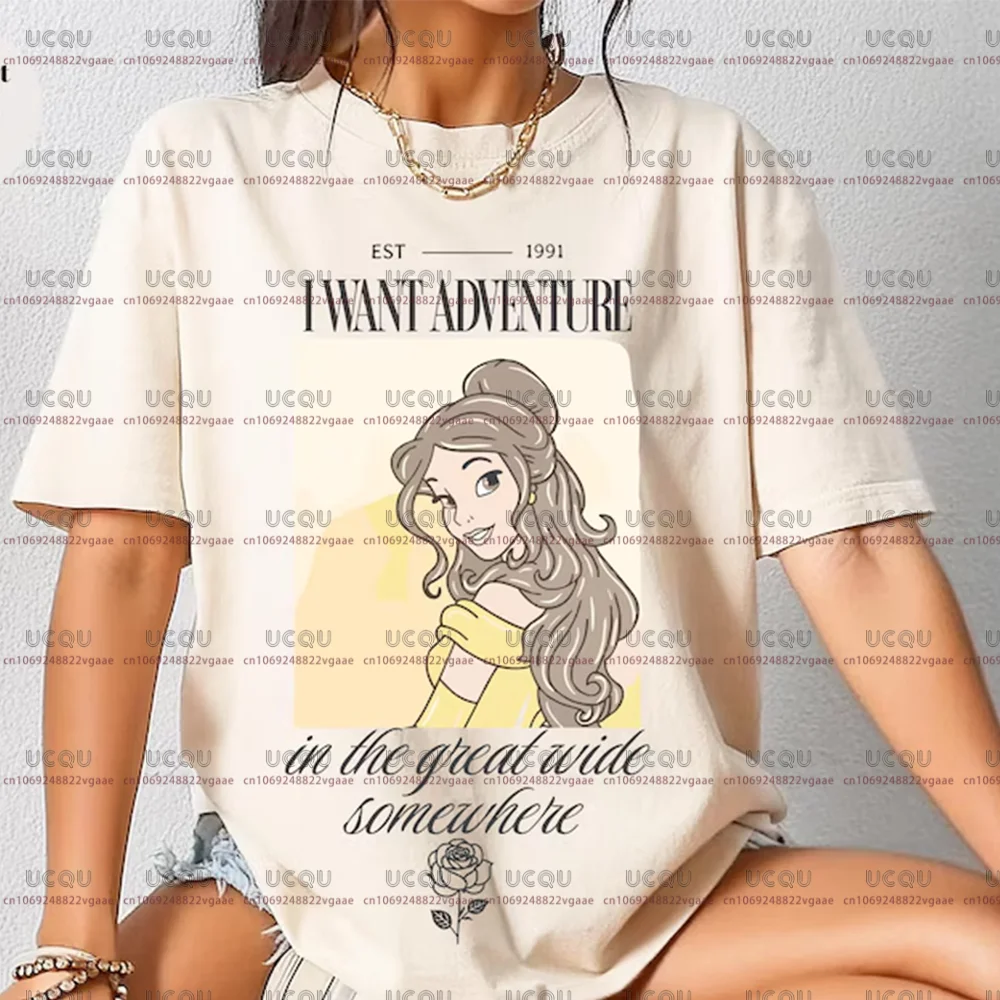 Disney Princess Belle I Want Adventure In The Great Wide Somewhere Disney Girl Trip Passende Y2k-Kleidung Baumwolle T-Shirt T-Shirt Top