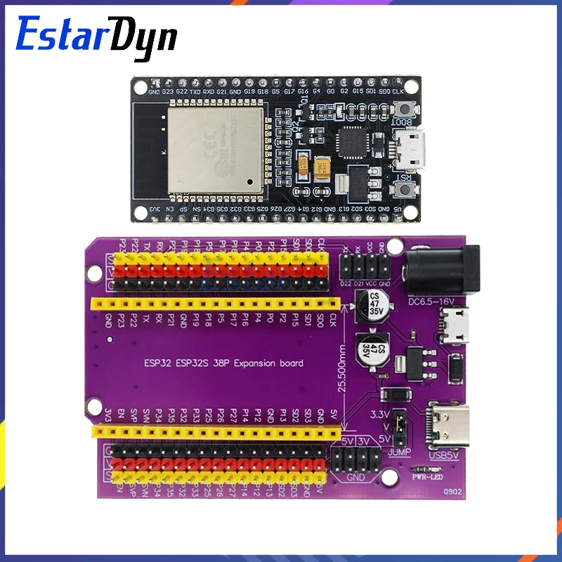 ESP32-DevKitC-32 Dual-Core-WLAN- und Bluetooth-Entwicklungsboard (ESP-WROOM-32), Typ-C/Micro-USB, CP2102, 38-Pin für IoT Arduino Image