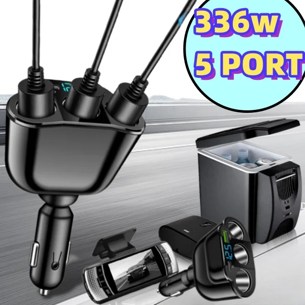 Autoladegerät, 66 W, Schnellladung, 5 Anschlüsse, 336 W, Digitalanzeige, PD- und USB-Adapter, Tablets, 12–24 V, Superschnellladegerät, Telefonladegerät Image