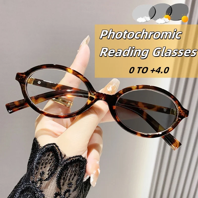 Trendige und modische photochrome Lesebrille mit ovalem Rahmen, blaues Licht blockierender Augenschutz, Dioptrien bis +4,0, Unisex Image
