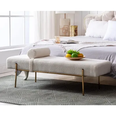 Modern End of Bed Bench, Upholstered Entryway Bench with Detachable Pillow for Living Room, Faux Fur Ottoman Bench with Gold Met