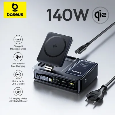 Baseus 140W Desktop Quick Charger,Tablet Fast Charger For Macbook Lenovo,Phone Charger For iPhone Samsung,Retractable C Cable