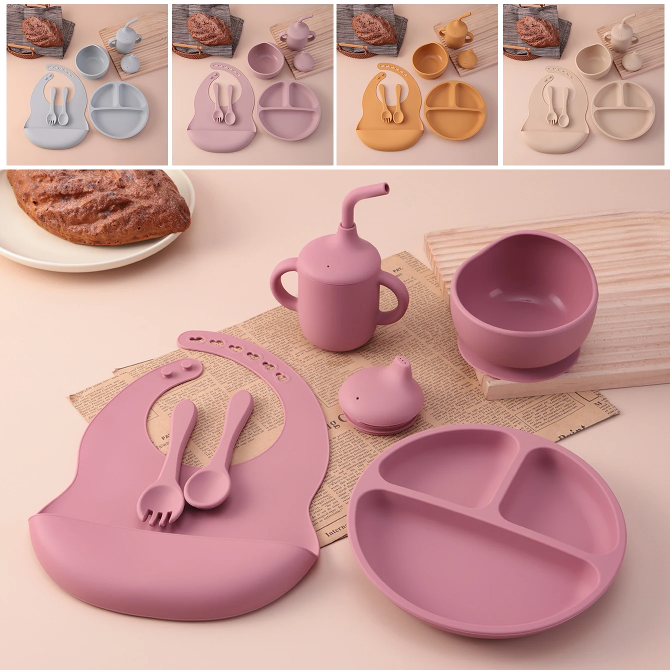 Farbe Kinder 6PCS Silikon Fütterung Set Unterteilt Platten Schnabeltasse Training Essen Besteck Starke Saugnapf BPA FREI Geschirr set Image
