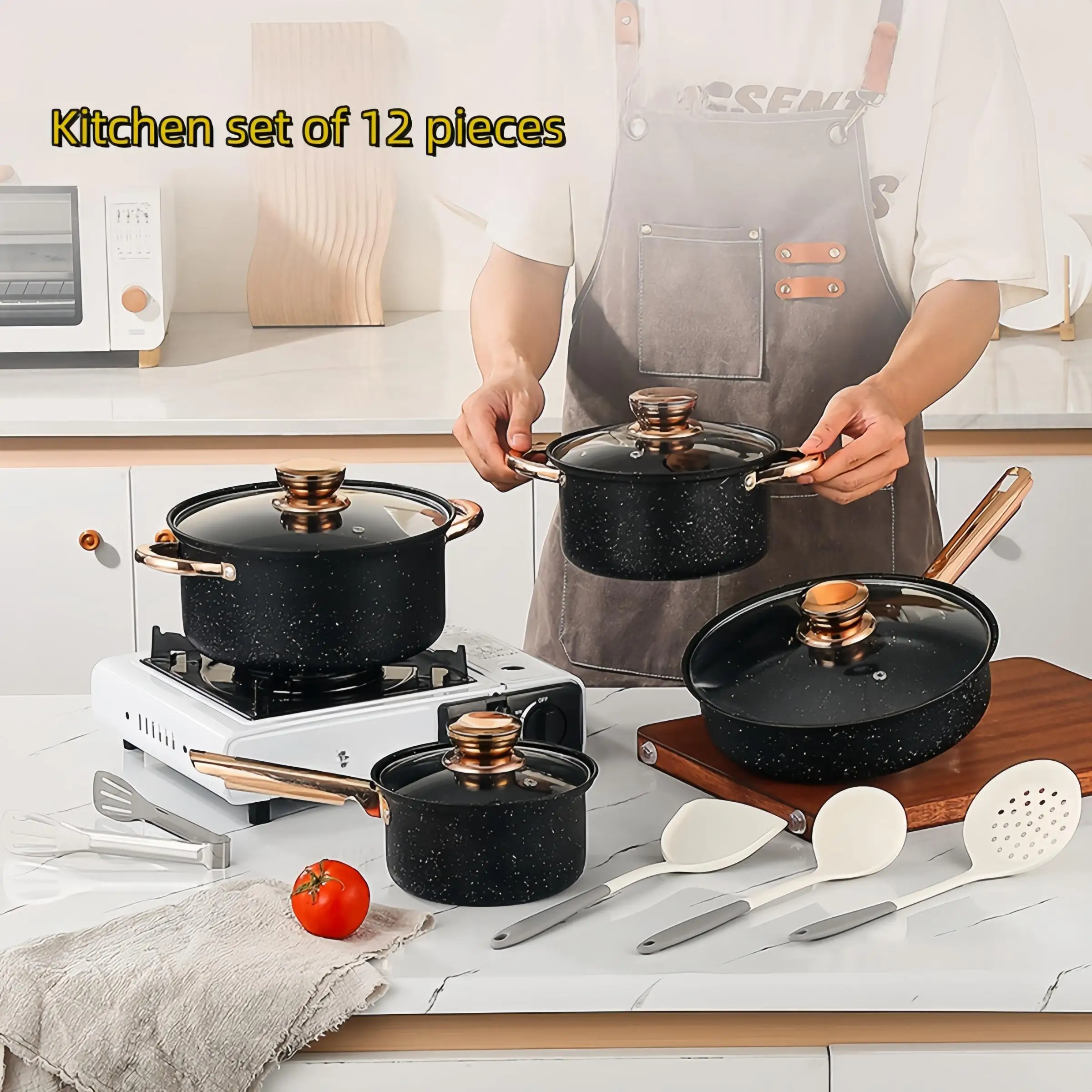 12-teiliges Antihaft-Kochgeschirr-Set aus Edelstahl, hochtemperaturbeständig, leicht zu reinigen, vergoldete Griffe, geeignet für Steak Fri Image