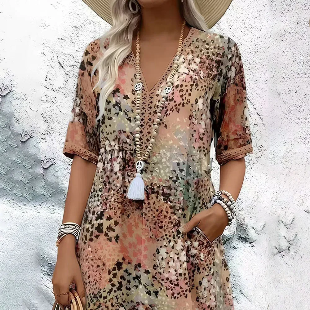 Abito lungo estivo casual con stampa leopardata da donna 2025 Abiti da spiaggia larghi con scollo a V e maniche corte alla moda eleganti