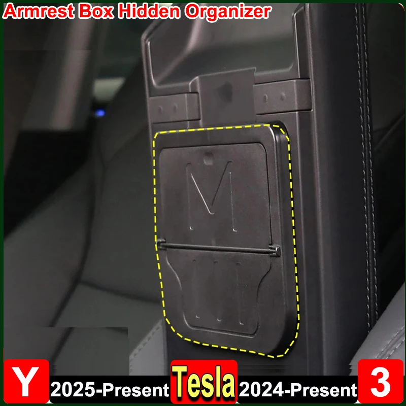 Für Tesla Model Y Juniper 2025 Armlehne Versteckte Aufbewahrungsbox Mittelkonsole Organizer Fall Modell 3 Highland 2024 Autozubehör Image