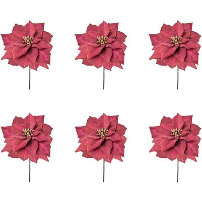 Winterliche Kunstpflanze CREATIV GREEN "Weihnachtsdeko rot", rot (bordeaux), B:15cm H:56cm T:15cm, Polyester, Kunstpflanzen, mit goldfarbenfarbenem Blütenkelch, 6er-Set Image