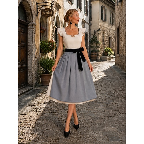 Oktoberfest Robe Dirndl Longueur midi Femme de ménage Bavarois Allemand Munich Prairies Femmes Soirée Fête de la Bière Tissu de style traditionnel
