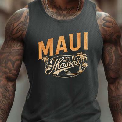 TEMU Men's Maui Hawaii Print Athletic Tank Top - Breathable Sleeveless Shirt For Gym, Workout & Summer Wear, Black With Orange , Lightweight Polyester Fabric Image