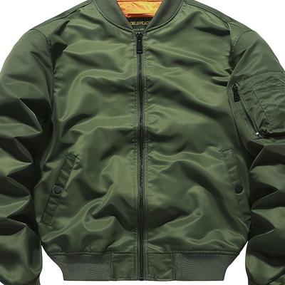 TEMU Men's Lightweight Sporty - Solid Color Military- With Stand Collar, Zipper Closure & Functional Pockets - Spring/fall Casual Outdoor Jacket For Men, Military Jacket, Durable Polyester Image